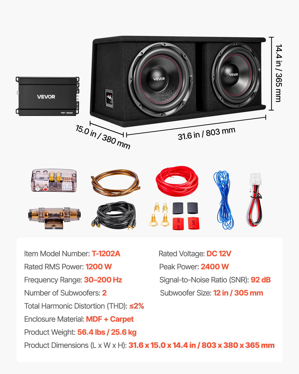 Žemų dažnių garsiakalbių komplektas VEVOR T-1202A, 1200W RMS