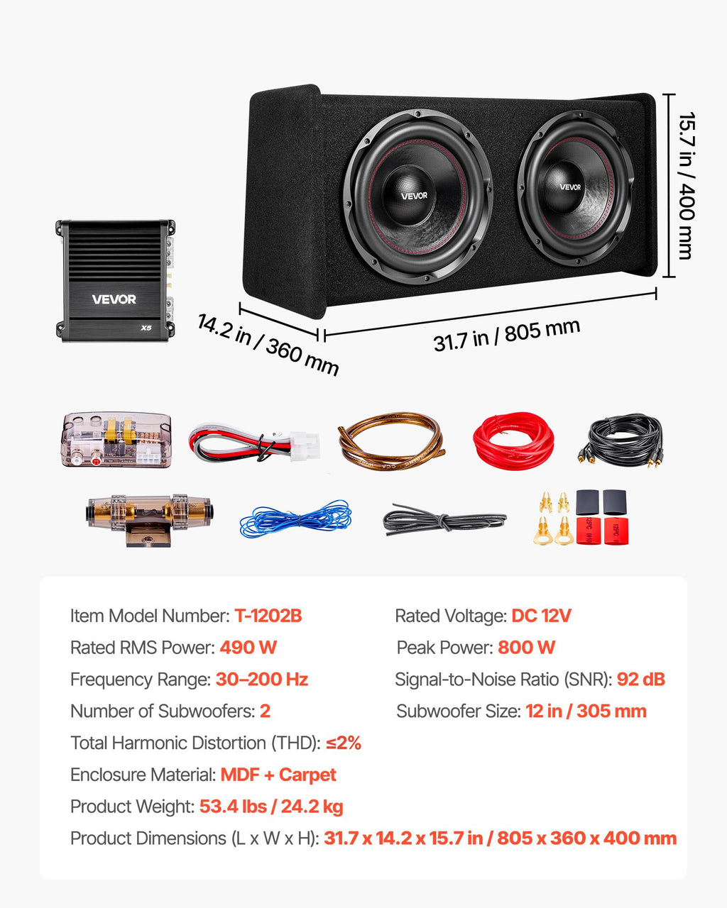 Automobilinė žemų dažnių garsiakalbių sistema VEVOR T-1202B, 490W RMS