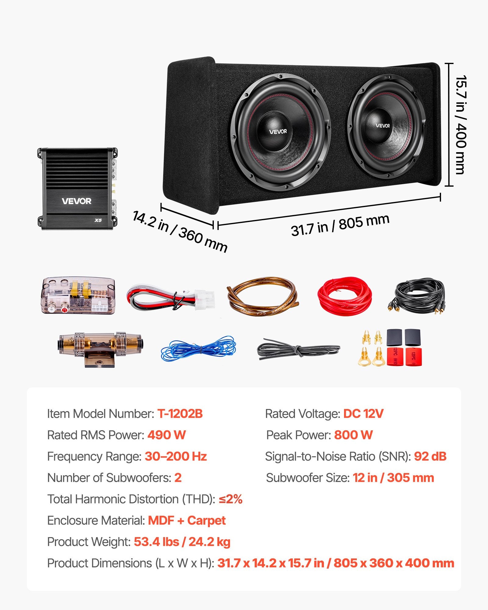 Automobilinė žemų dažnių garsiakalbių sistema VEVOR T-1202B, 490W RMS