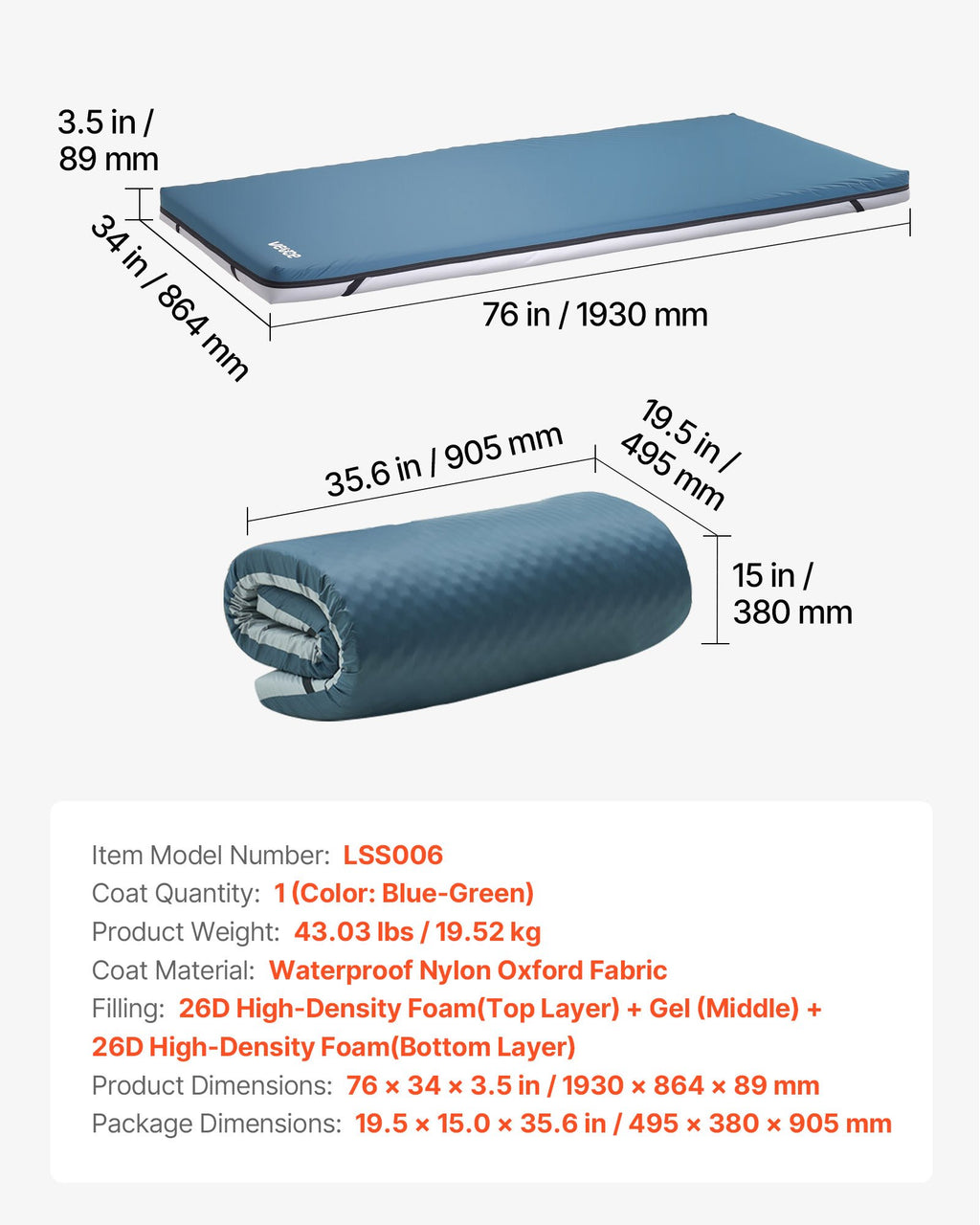 Medicininis čiužinys slaugos lovai VEVOR LSS006, 136 kg apkrova