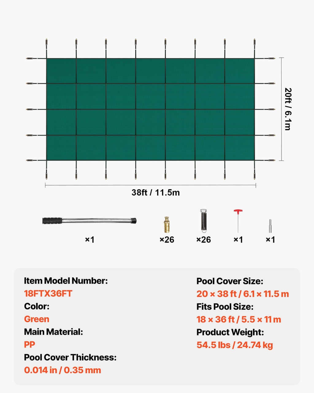 Apsauginis baseino uždangalas VEVOR 18FTX36FT, 5,49 x 10,97 m baseinams