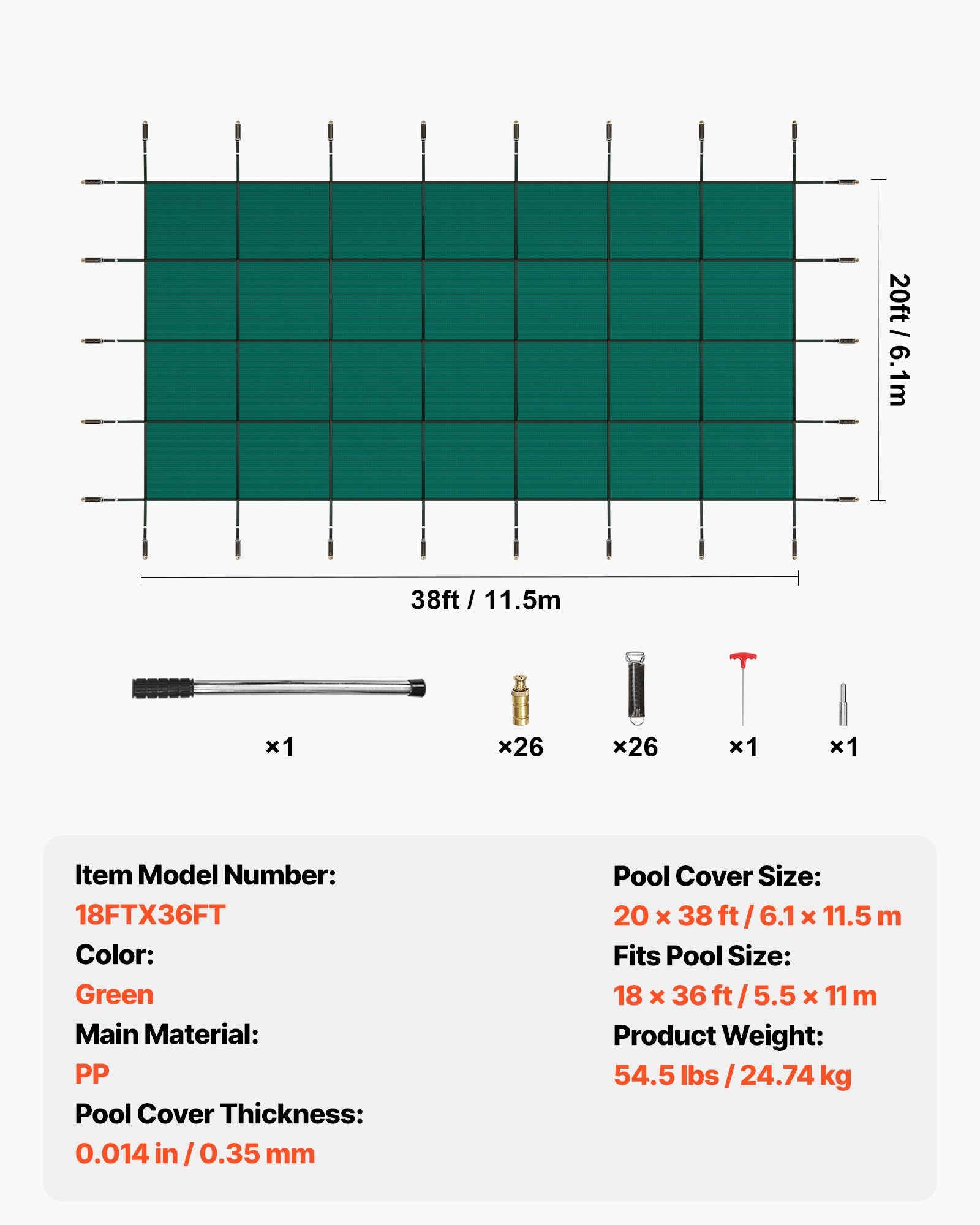 Apsauginis baseino uždangalas VEVOR 18FTX36FT, 5,49 x 10,97 m baseinams