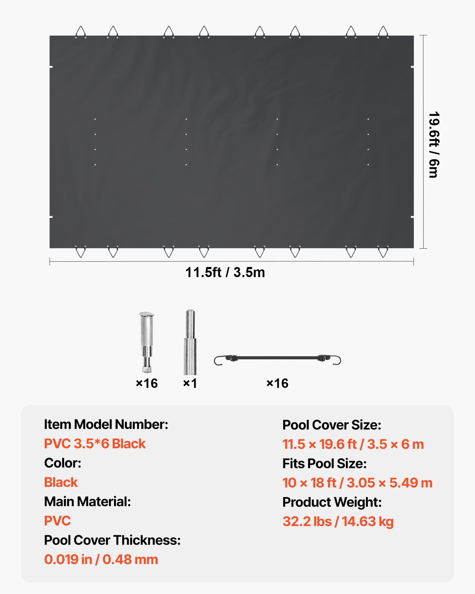 Baseino apsauginis uždangalas VEVOR PVC 3.5x6 m, 3,5 x 6 m