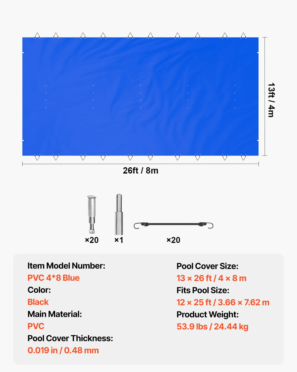 Baseino apsauginis uždangalas VEVOR PVC 4*8 Blue, 4 x 8 m
