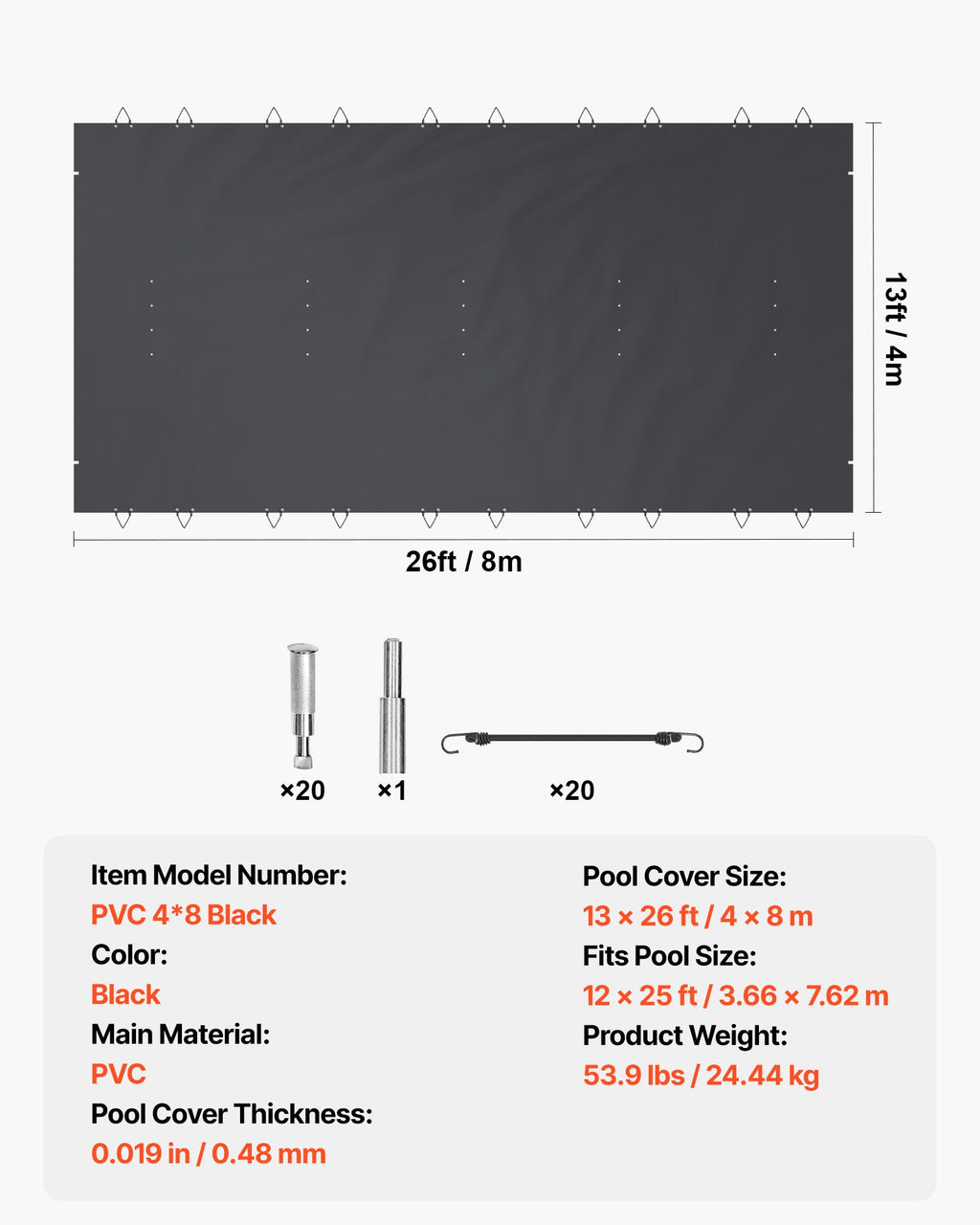 Baseino apsauginis uždangalas VEVOR PVC 4*8 Black, 4 x 8 m
