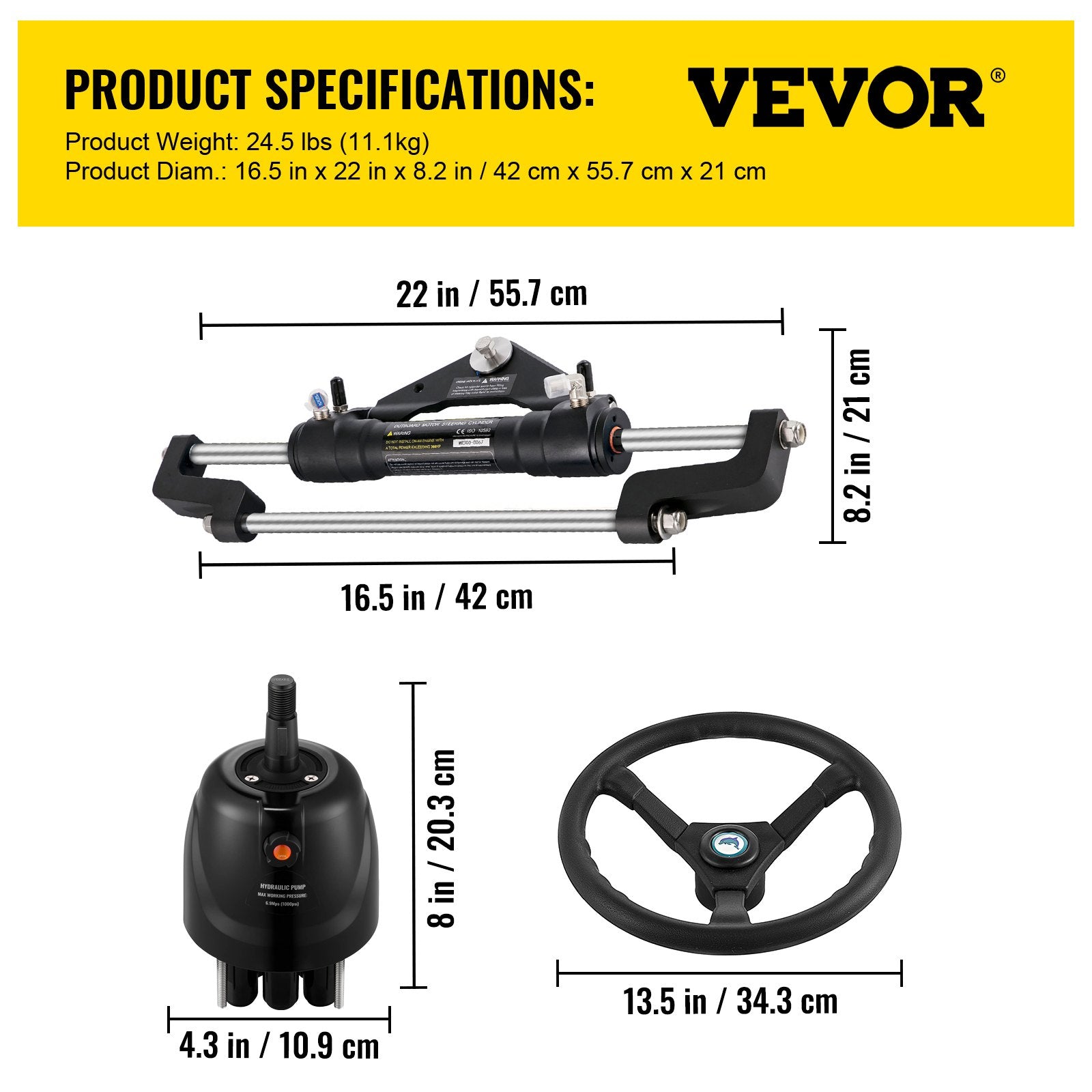 Hidraulinė valties vairavimo sistema VEVOR 300HP, iki 300 AG varikliams