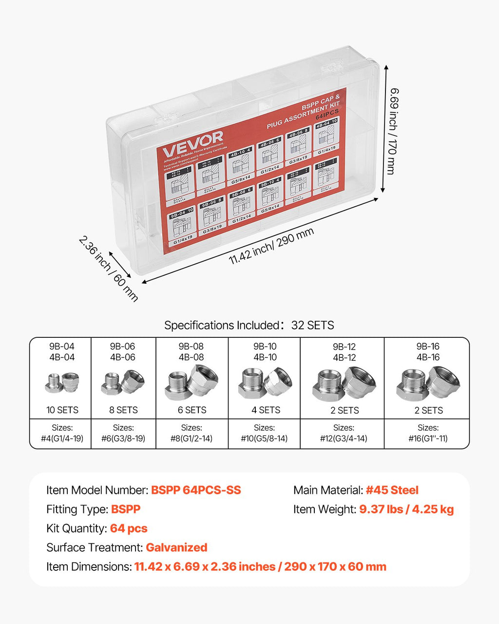 Hidraulinių jungčių aklės ir kamščiai VEVOR BSPP 64PCS-SS, 64 vnt. rinkinys