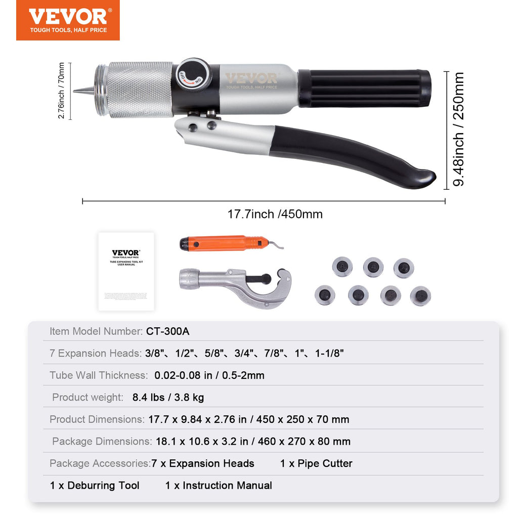Hidraulinis vamzdžių plėtiklis VEVOR CT-300A, 3/8"–1-1/8"