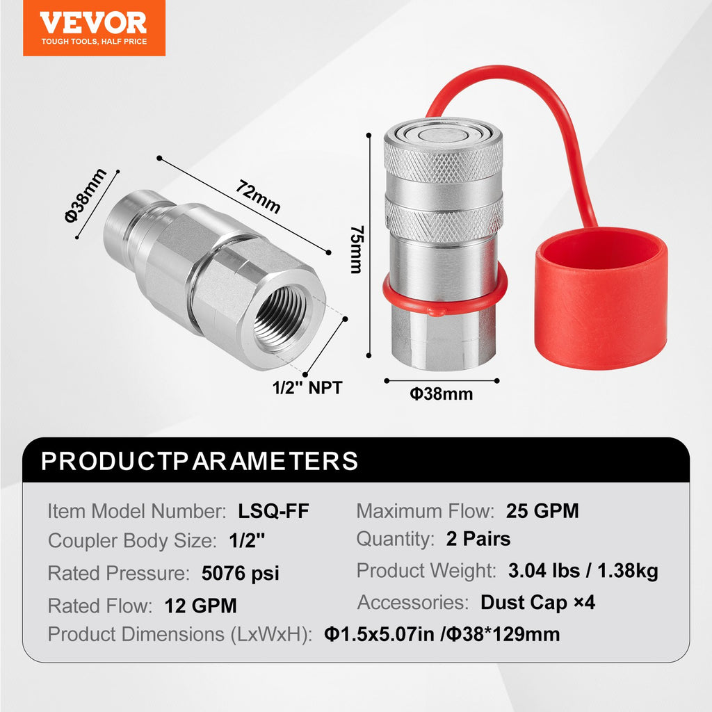 Hidraulinės greito jungimo jungtys VEVOR LSQ-FF, 1/2" NPT