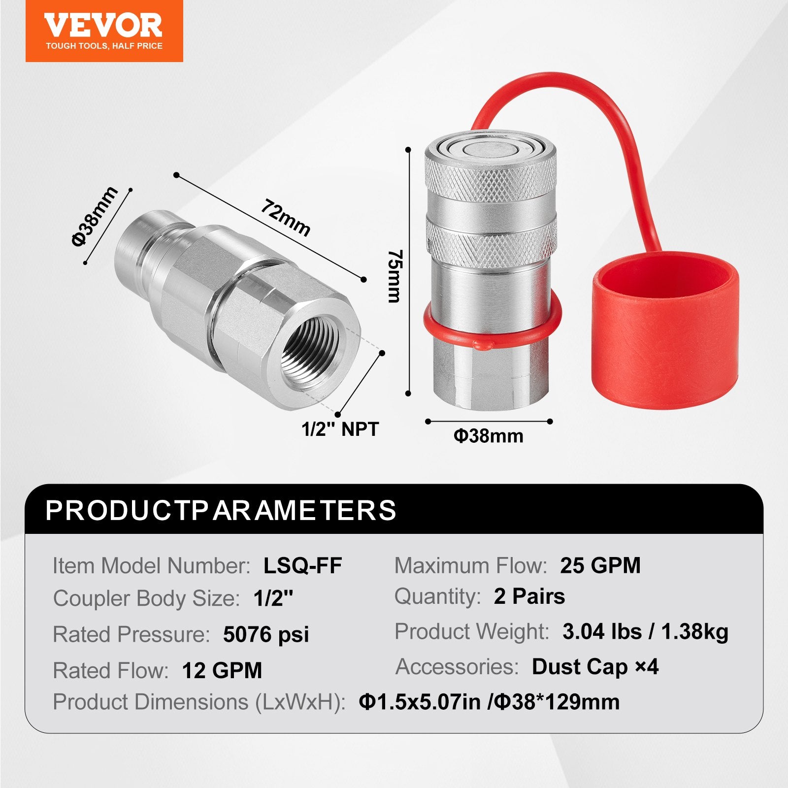 Hidraulinės greito jungimo jungtys VEVOR LSQ-FF, 1/2" NPT