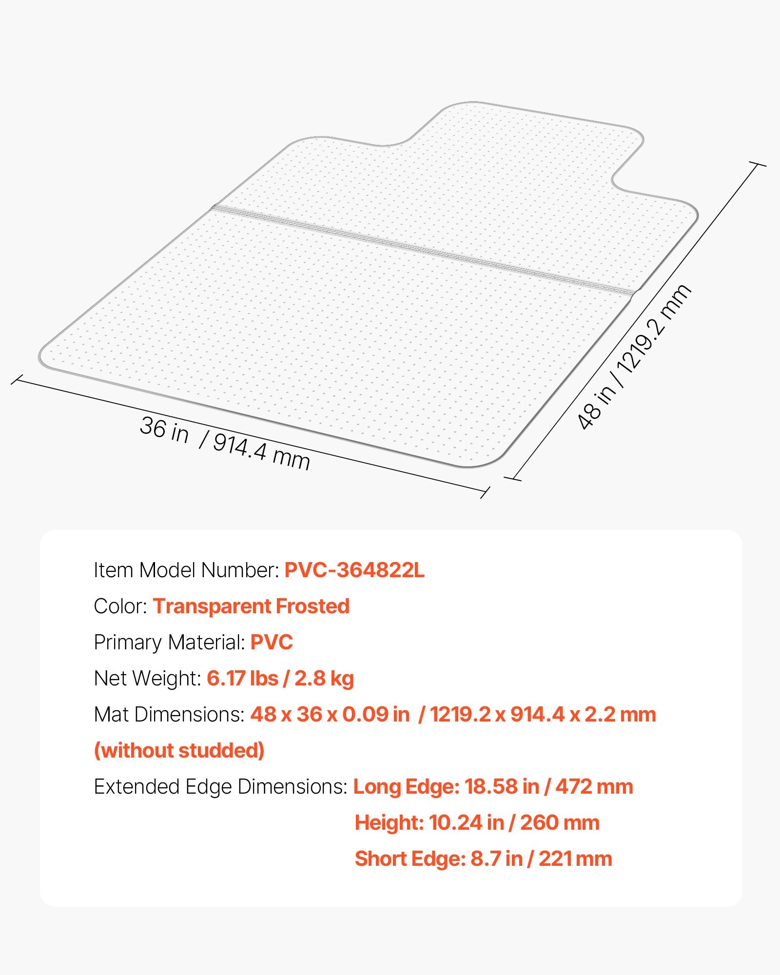 Kėdės kilimėlis VEVOR PVC-364822L, 915 x 1225 mm