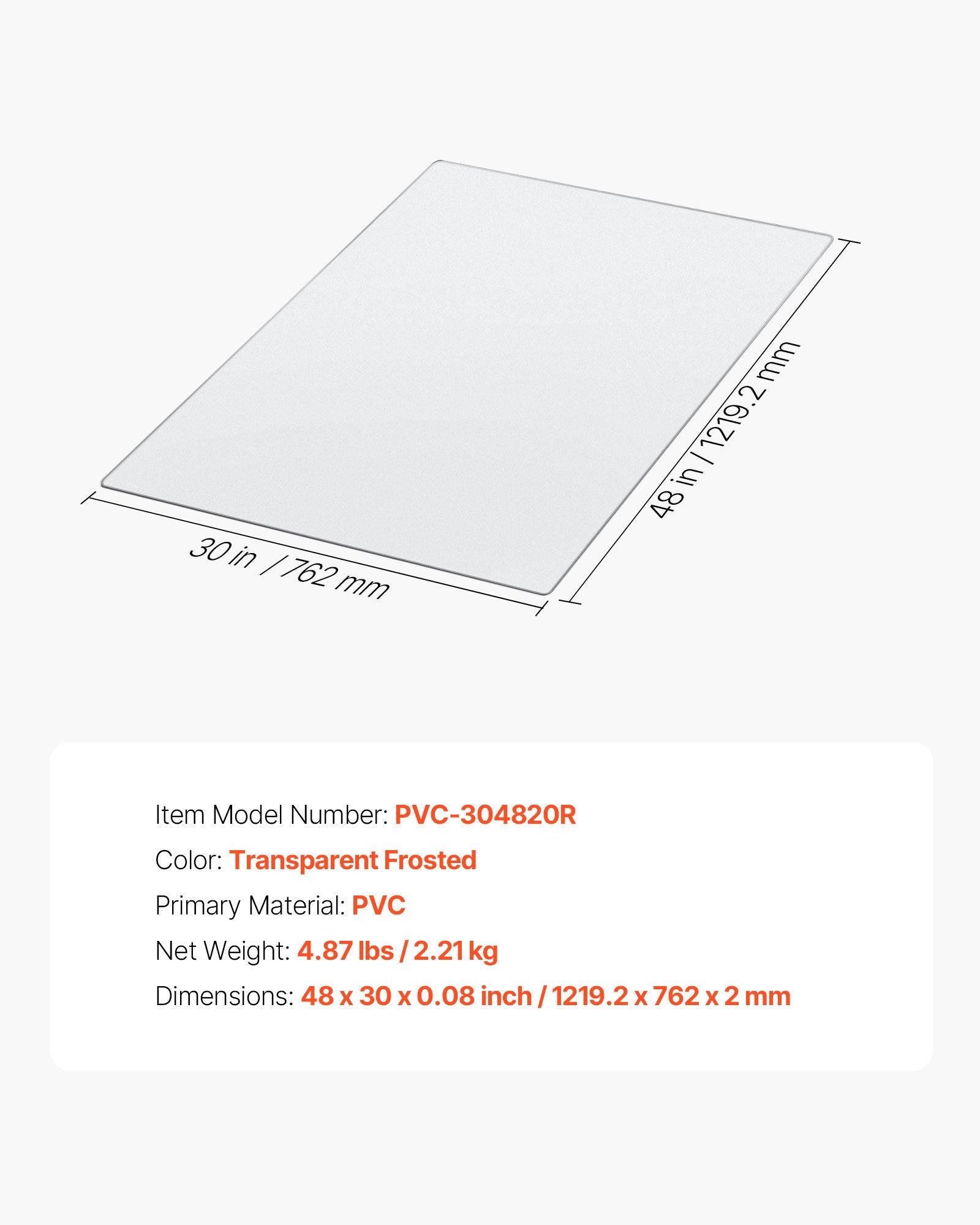 Kėdės kilimėlis VEVOR PVC-304820R, 765 x 1215 mm