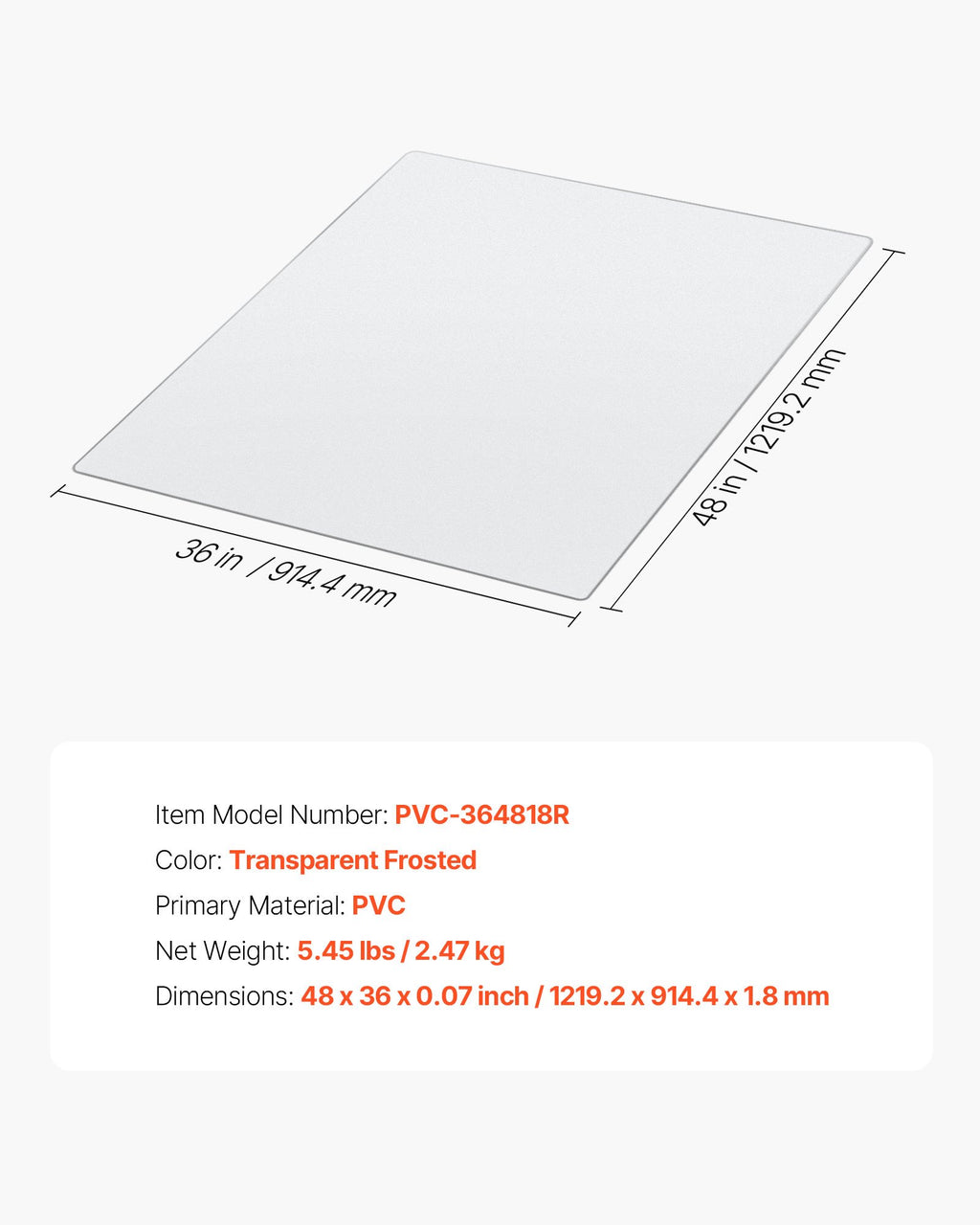 Kėdės kilimėlis VEVOR PVC-364818R, 915 x 1225 mm