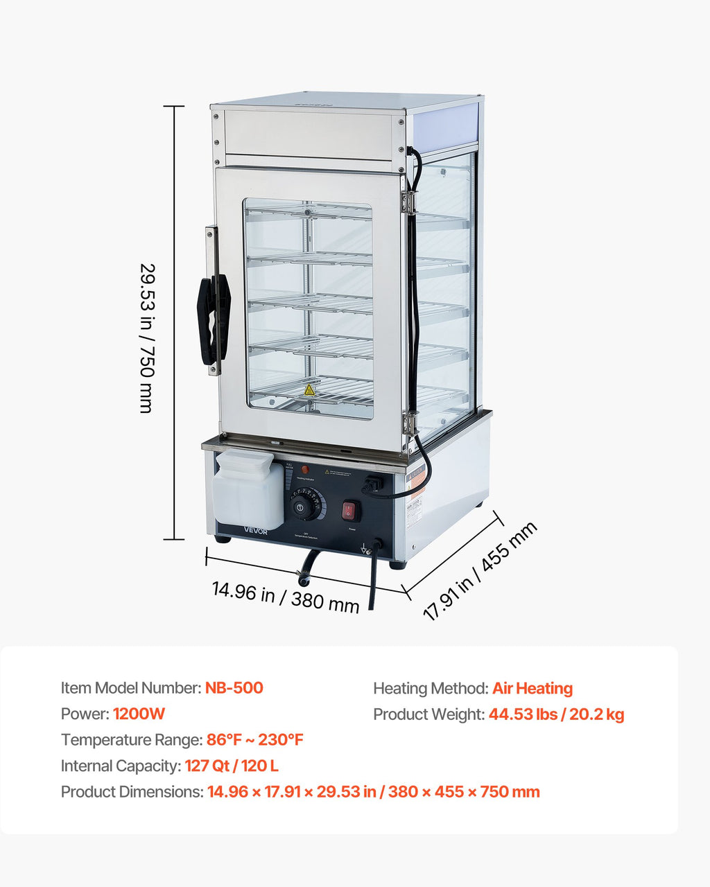 Maisto šildymo vitrina VEVOR NB-500, 1200W, 120L