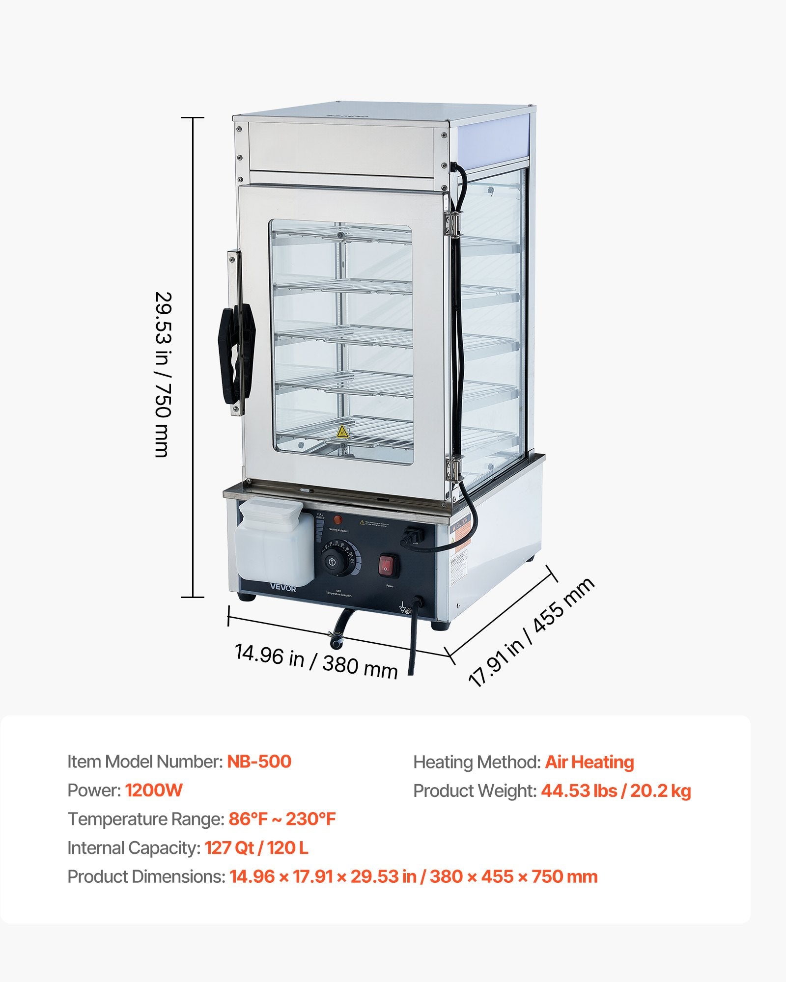 Maisto šildymo vitrina VEVOR NB-500, 1200W, 120L