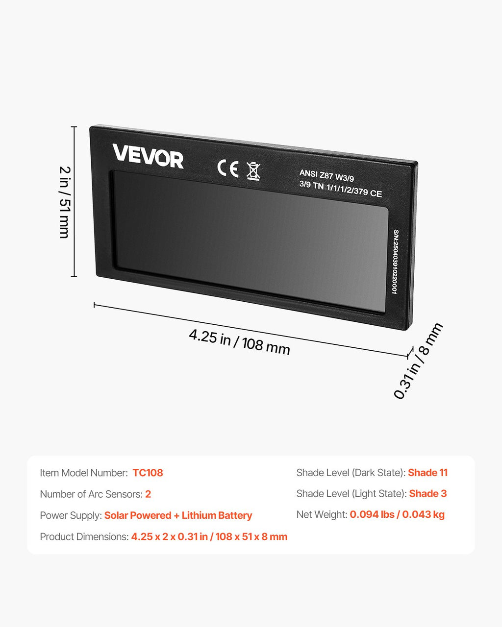 Automatinis suvirinimo filtras VEVOR TC108, 108 x 51 mm