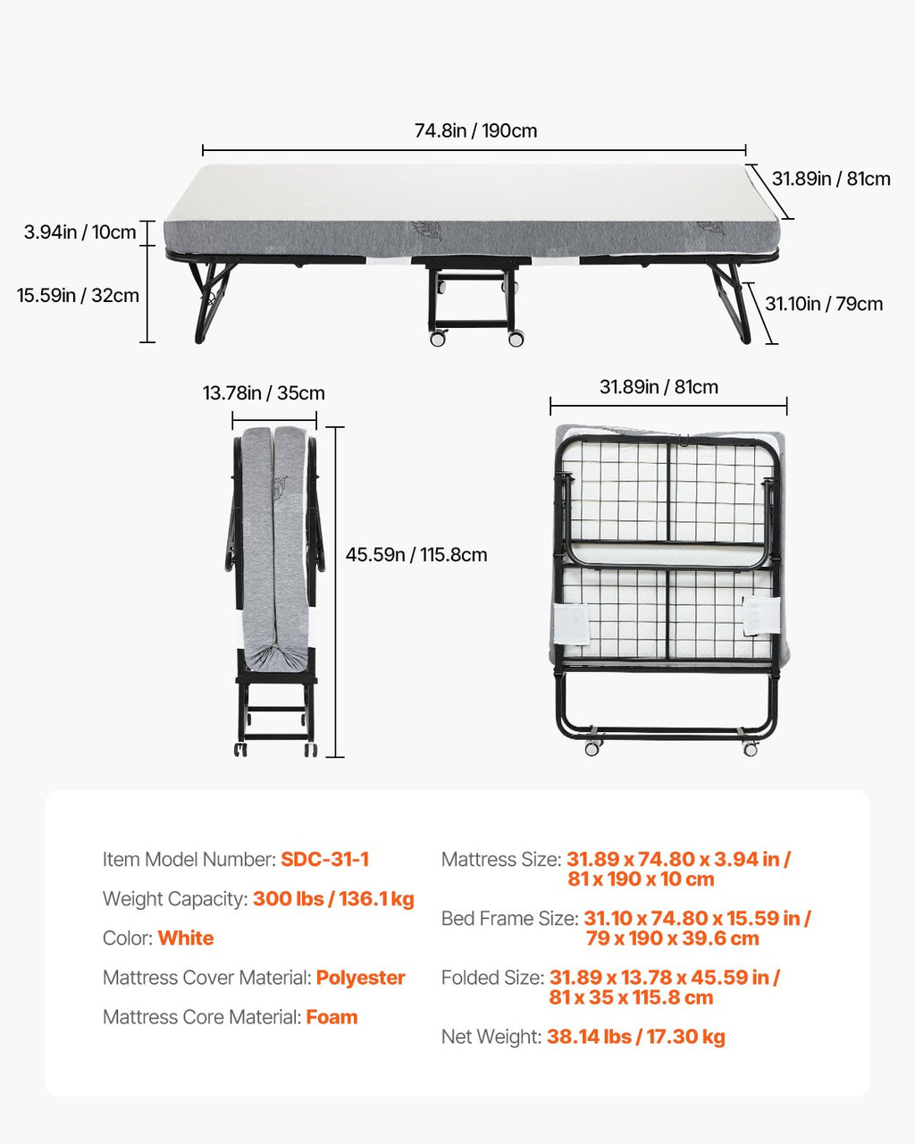 Sulankstoma lova VEVOR SDC-31-1, 79x190 cm