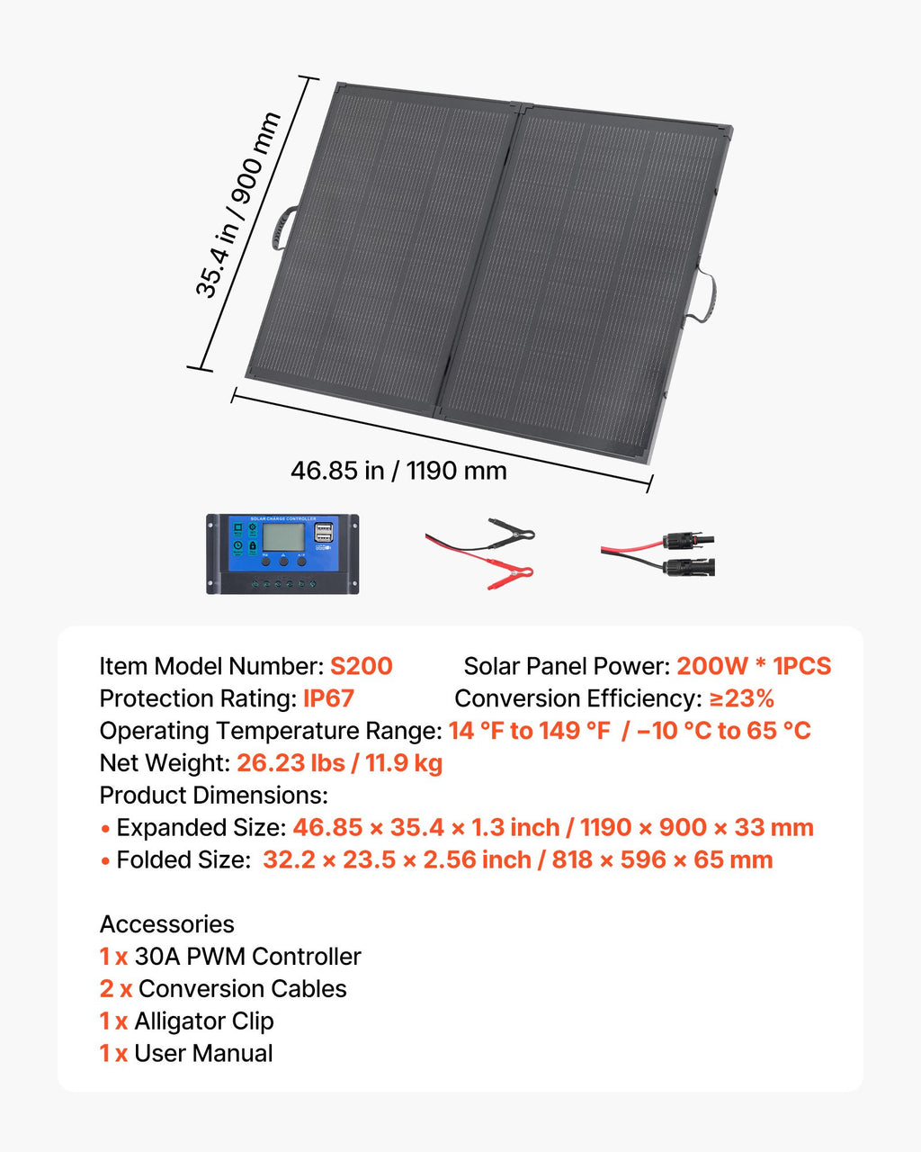 Sulankstoma saulės baterija VEVOR S200, 200W