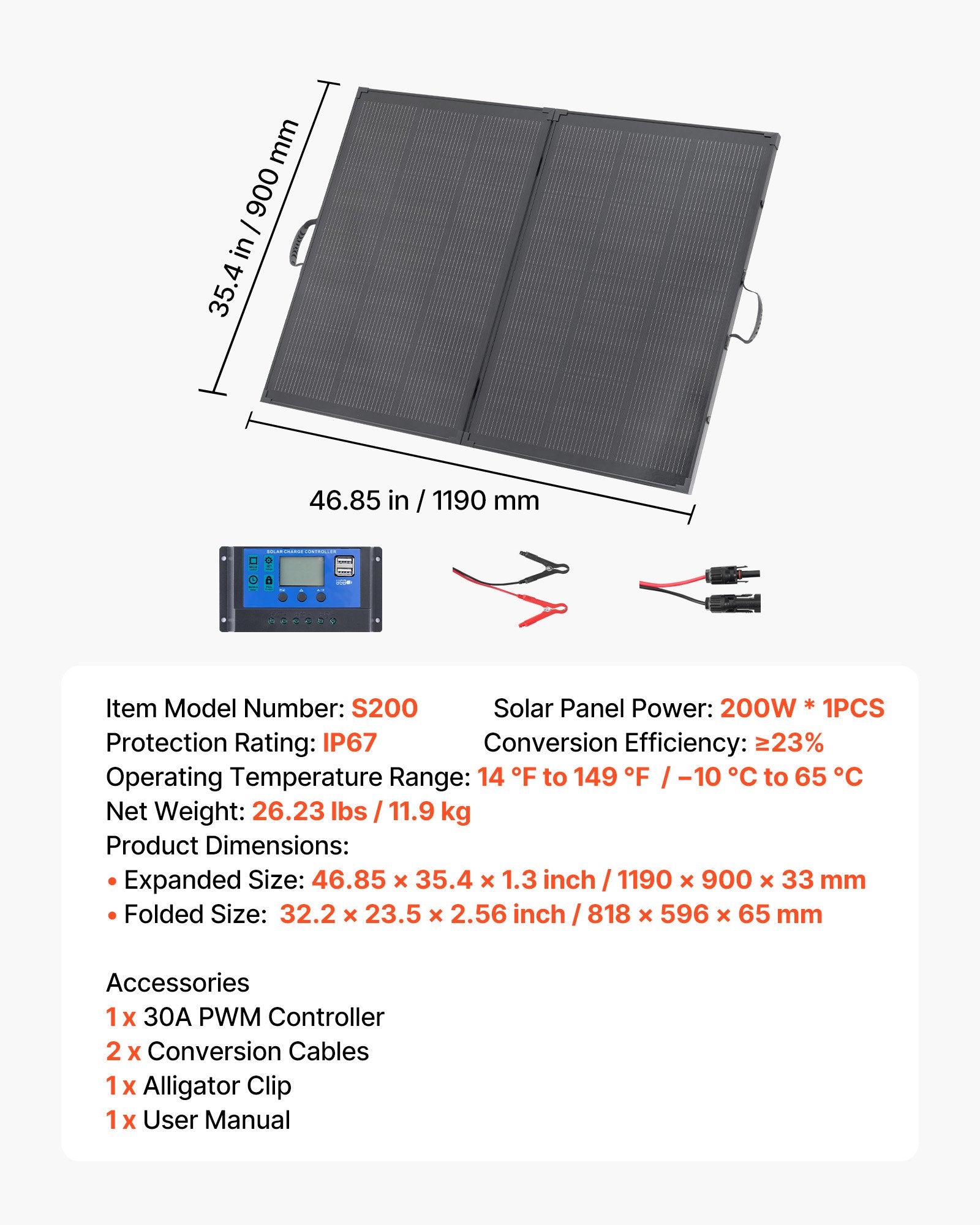 Sulankstoma saulės baterija VEVOR S200, 200W