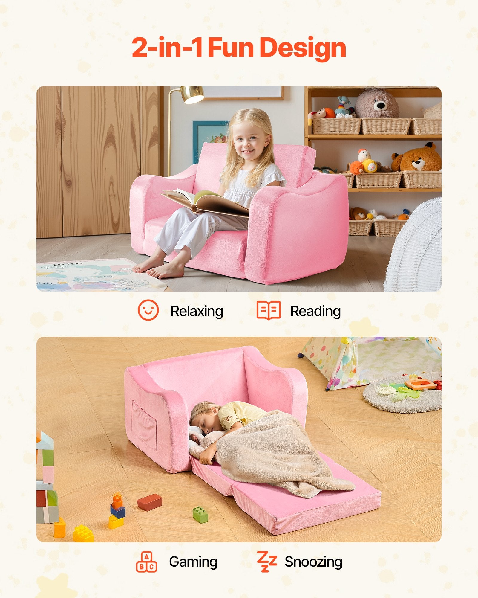 Sulankstoma vaikiška sofa VEVOR SF-1567, 2-in-1 dizainas