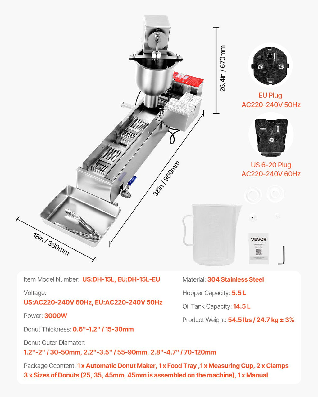 Automatinis spurgų gaminimo aparatas VEVOR DH-15L-EU, 3000 W
