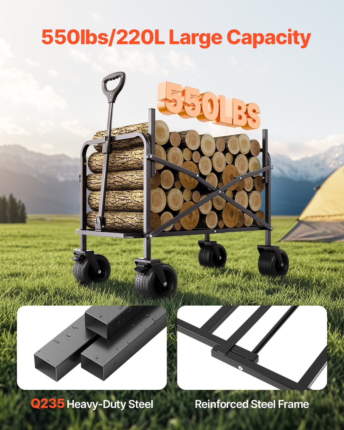 Sulankstomas vežimėlis-suoliukas VEVOR W27, 250 kg keliamoji galia