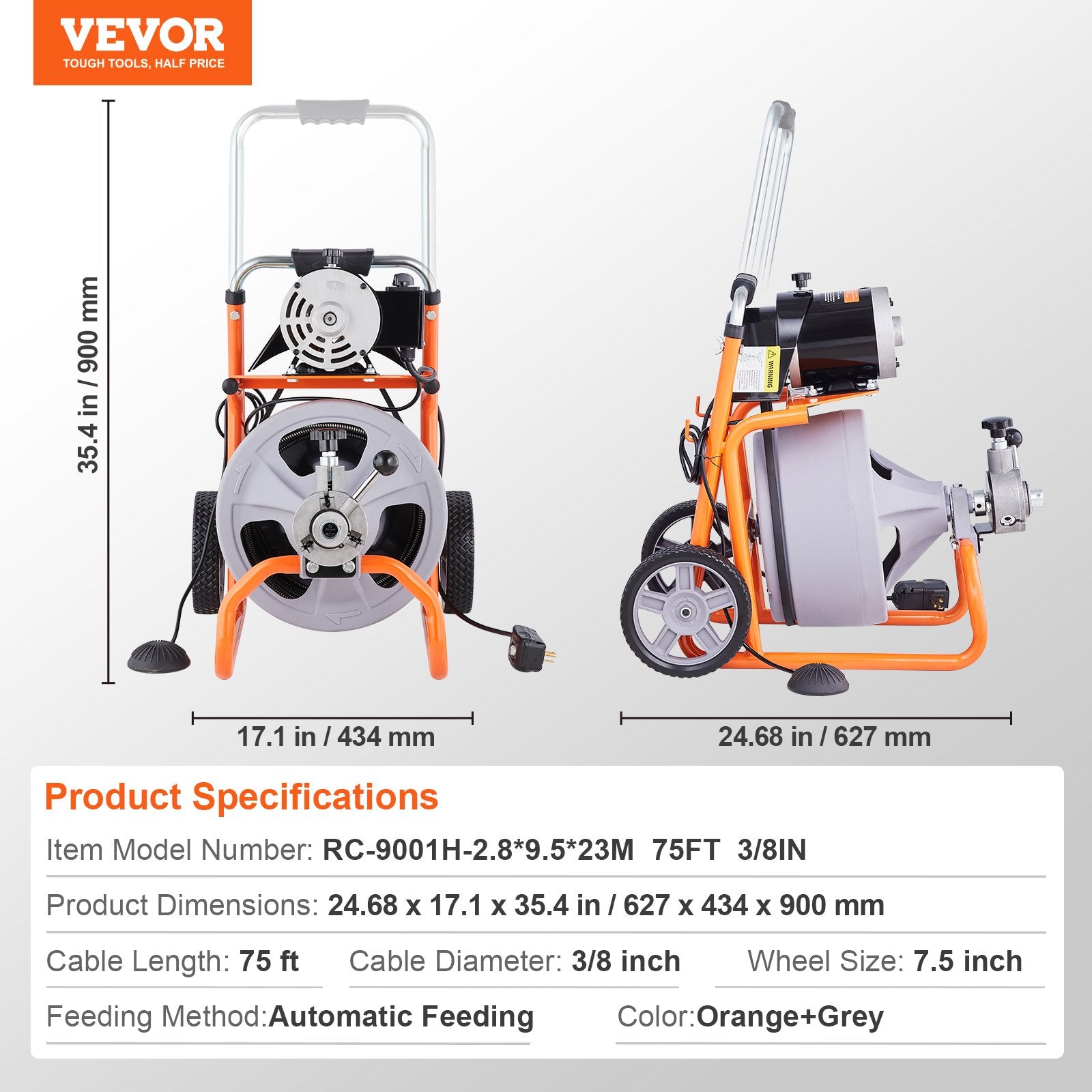 Vamzdžių valymo mašina VEVOR RC-9001H, 23 m