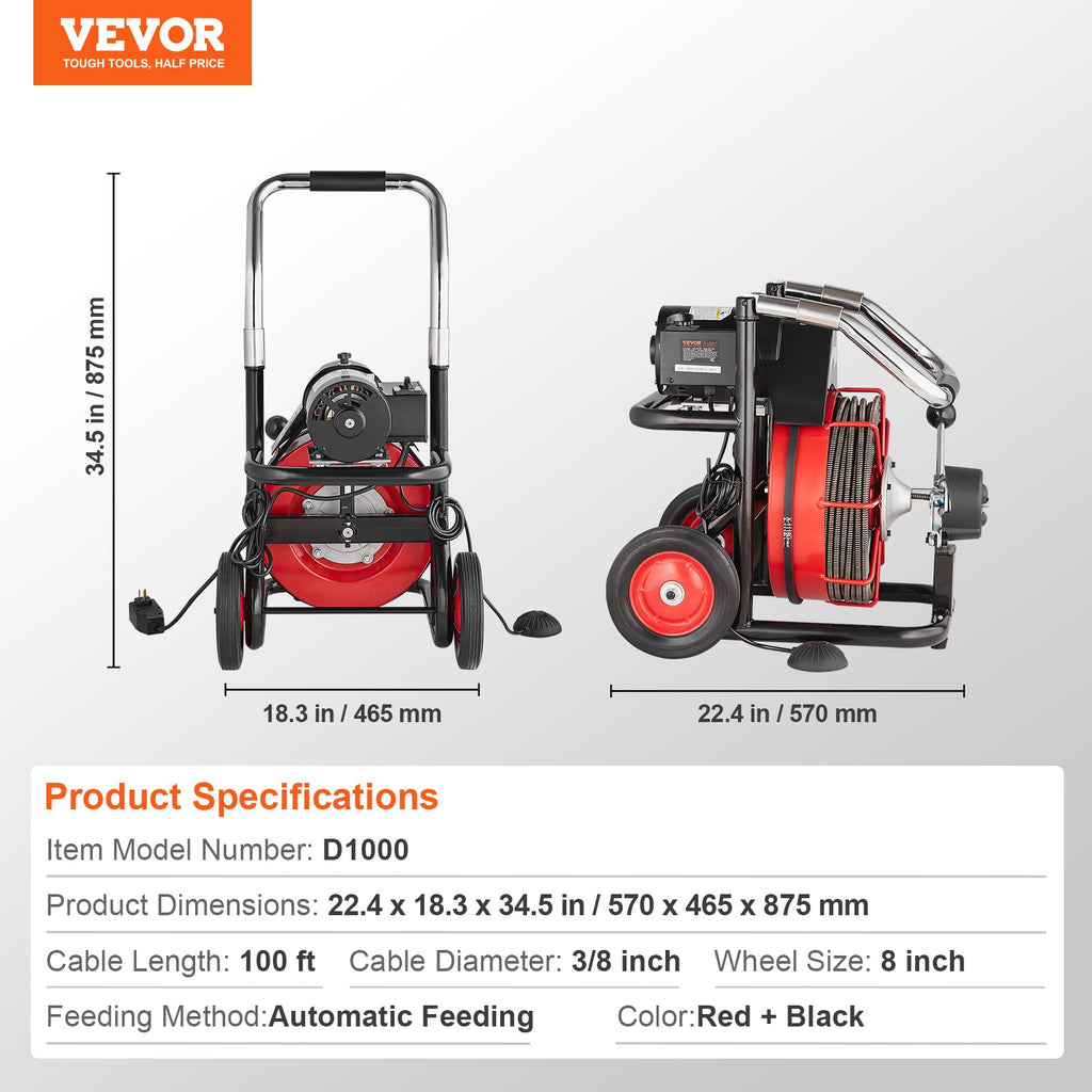 Elektrinis vamzdžių valymo įrenginys VEVOR D1000, 30,5 m x 9,52 mm
