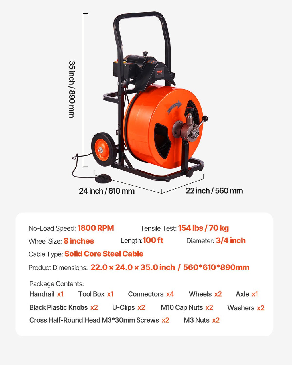 Elektrinė vamzdžių valymo mašina VEVOR 30.5m x 19mm, automatinis padavimas