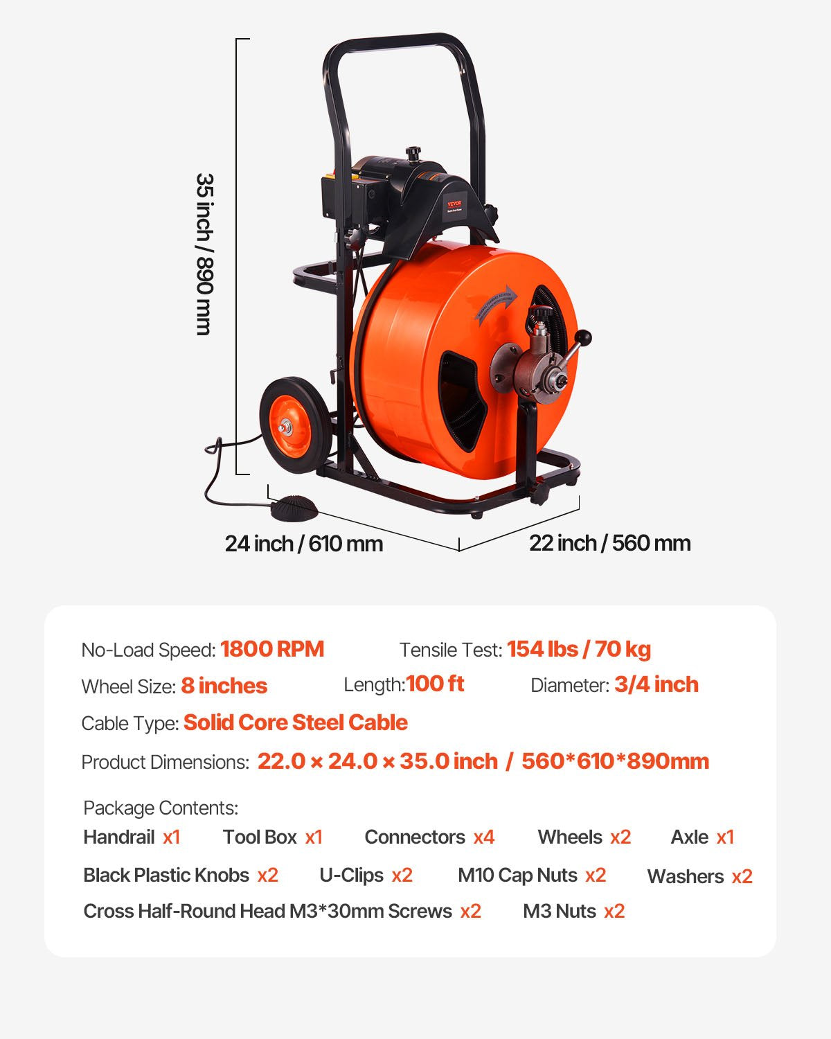 Elektrinė vamzdžių valymo mašina VEVOR 30.5m x 19mm, automatinis padavimas