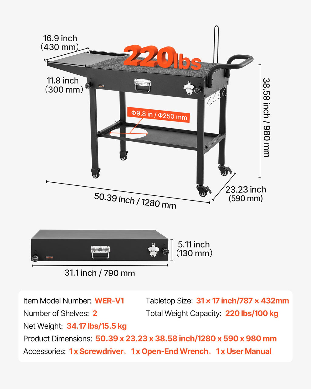 Lauko kepsninės vežimėlis VEVOR WER-V1, 787 x 432 mm stalviršis