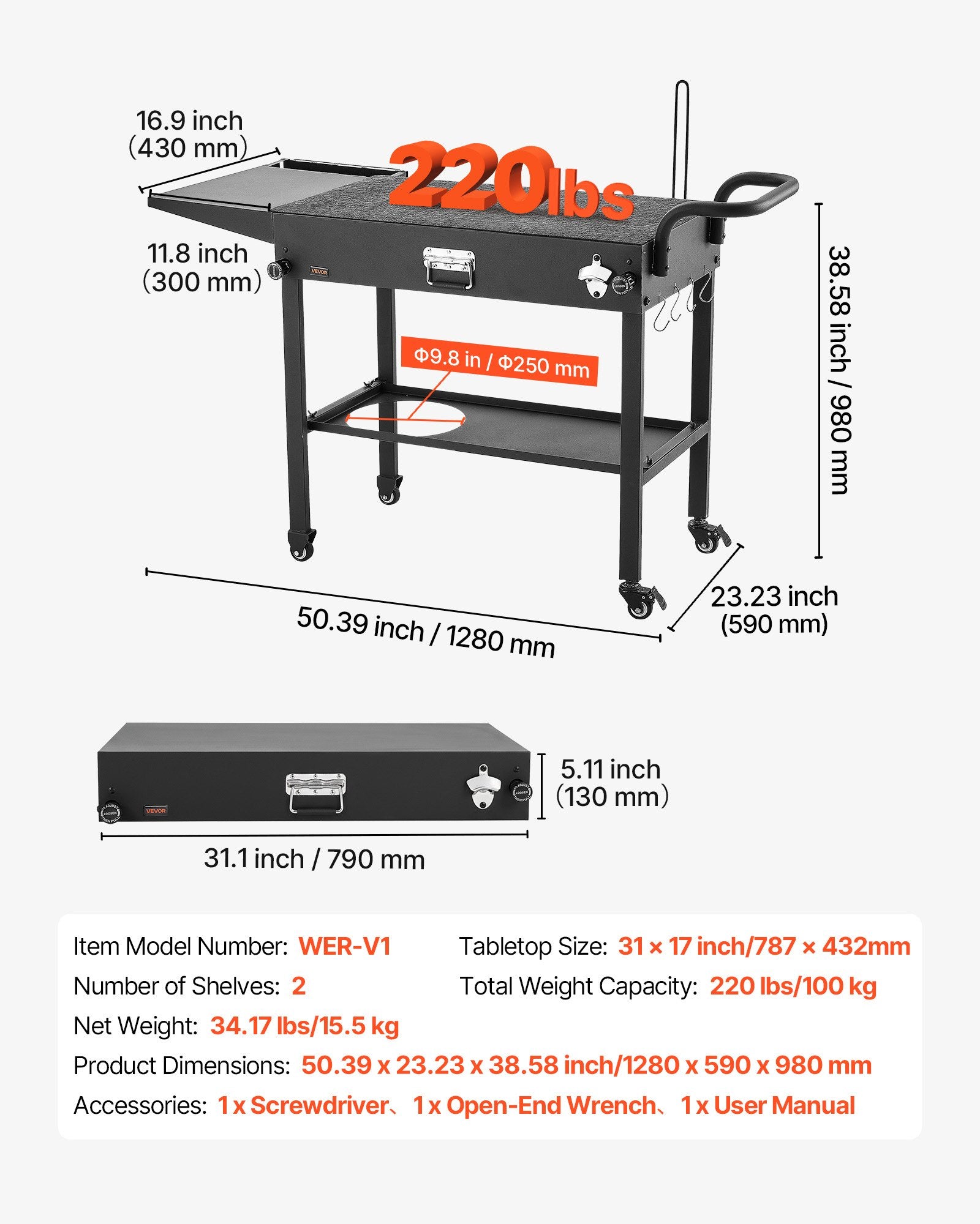 Lauko kepsninės vežimėlis VEVOR WER-V1, 787 x 432 mm stalviršis