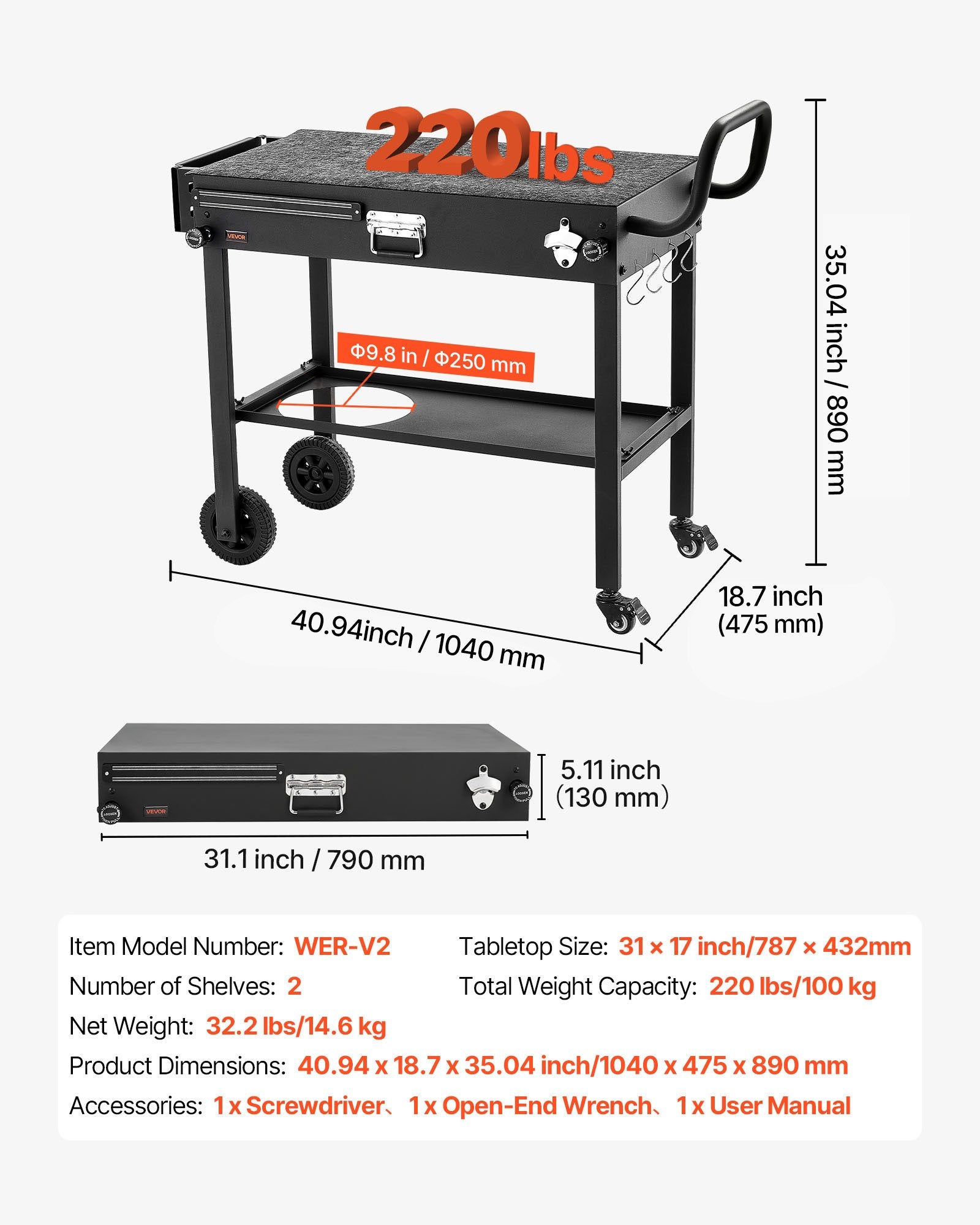 Lauko kepsninės vežimėlis VEVOR WER-V2, 787 x 432 mm stalviršis
