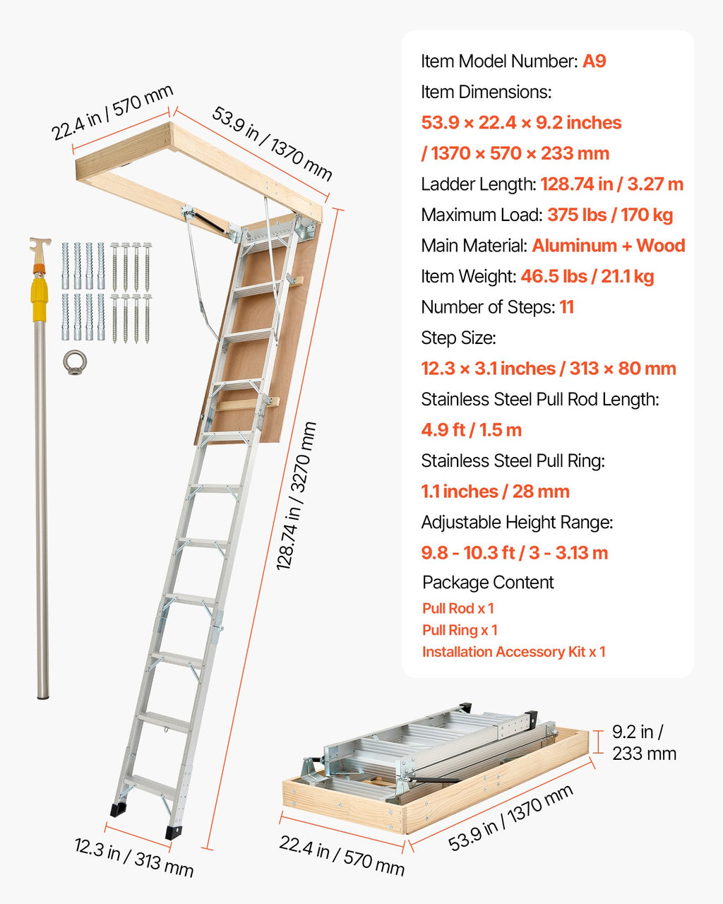 Palėpės kopėčios VEVOR A9, 170 kg keliamoji galia