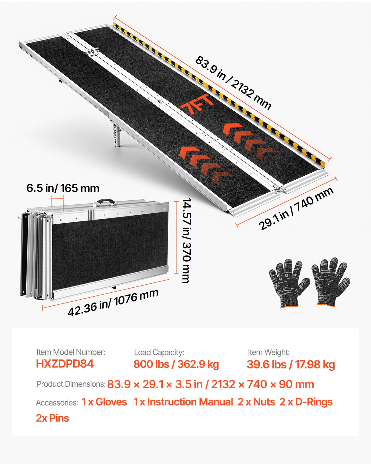 Nešiojamas neįgaliųjų vežimėlių pandusas VEVOR HXZDPD84, 2135 mm
