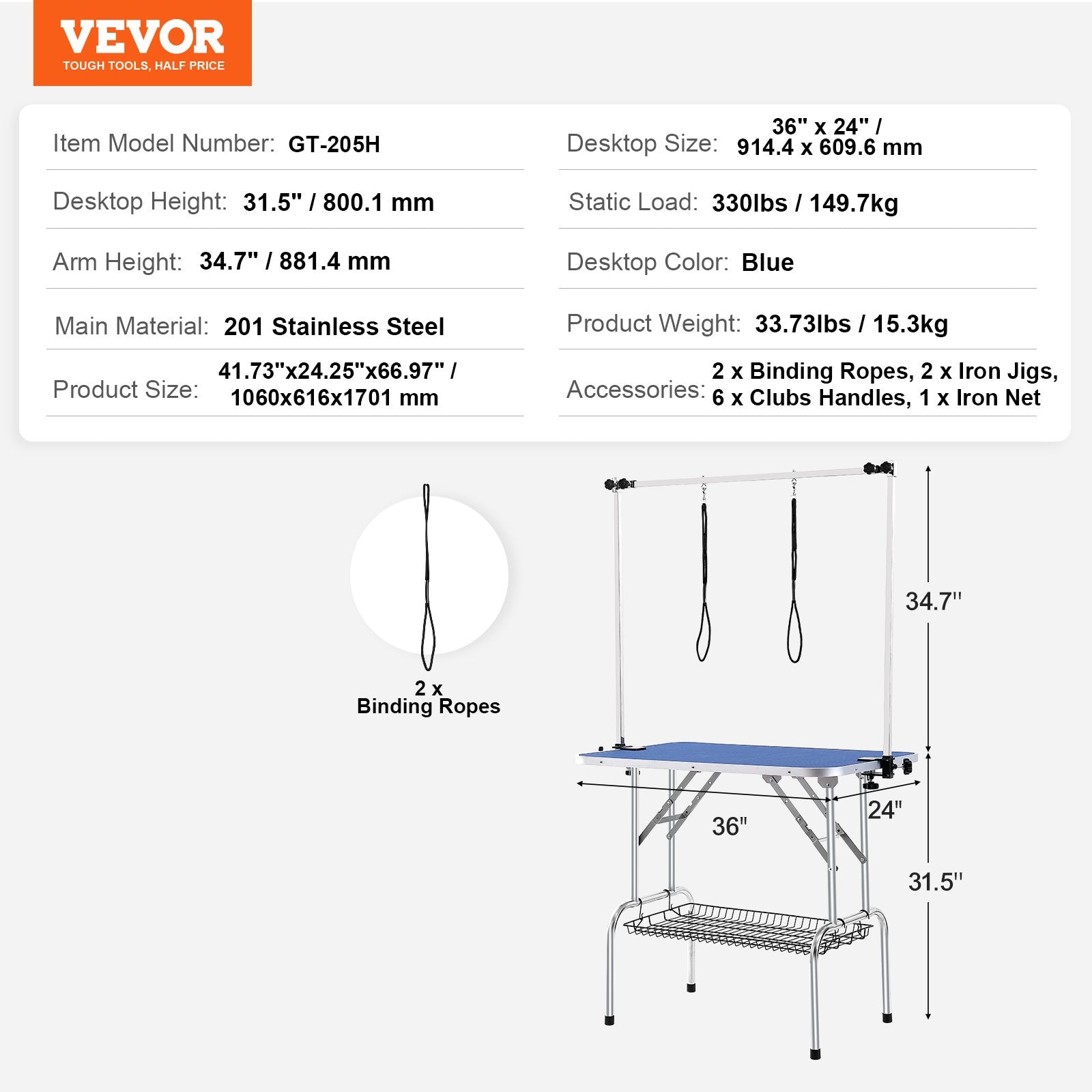Šunų kirpimo stalas VEVOR GT-205H, 915 x 610 mm