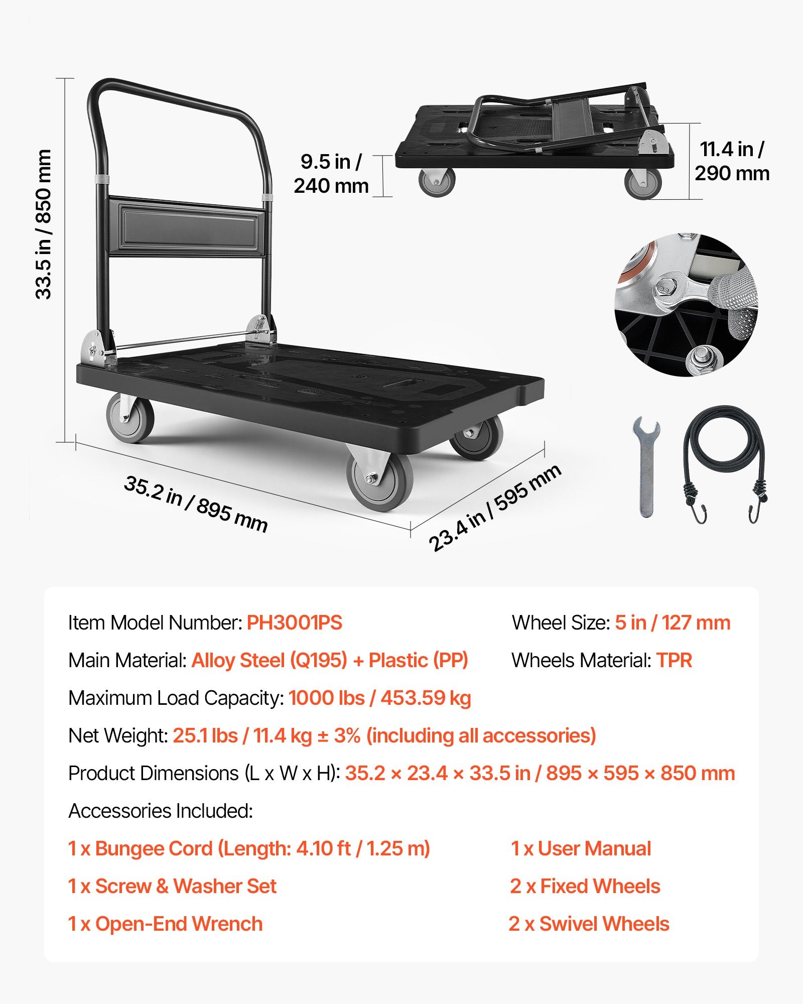 Sulankstomas platforminis vežimėlis VEVOR PH3001PS, 453,6 kg keliamoji galia