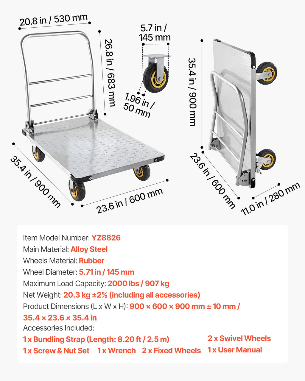 Platforminis vežimėlis VEVOR YZ8826, 907 kg keliamoji galia