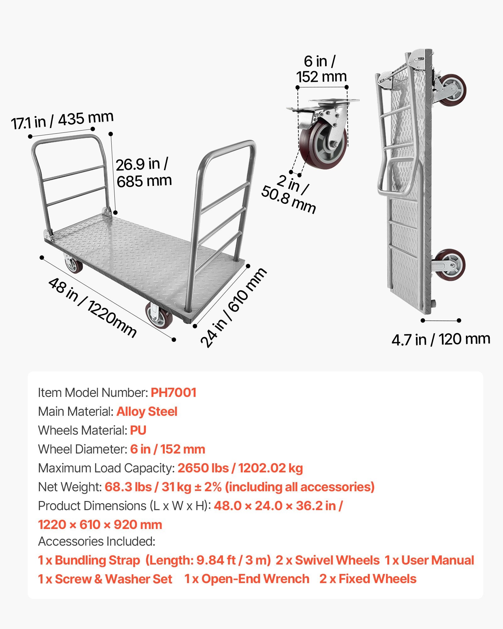 Platforminis vežimėlis VEVOR PH7001, 1202 kg keliamoji galia