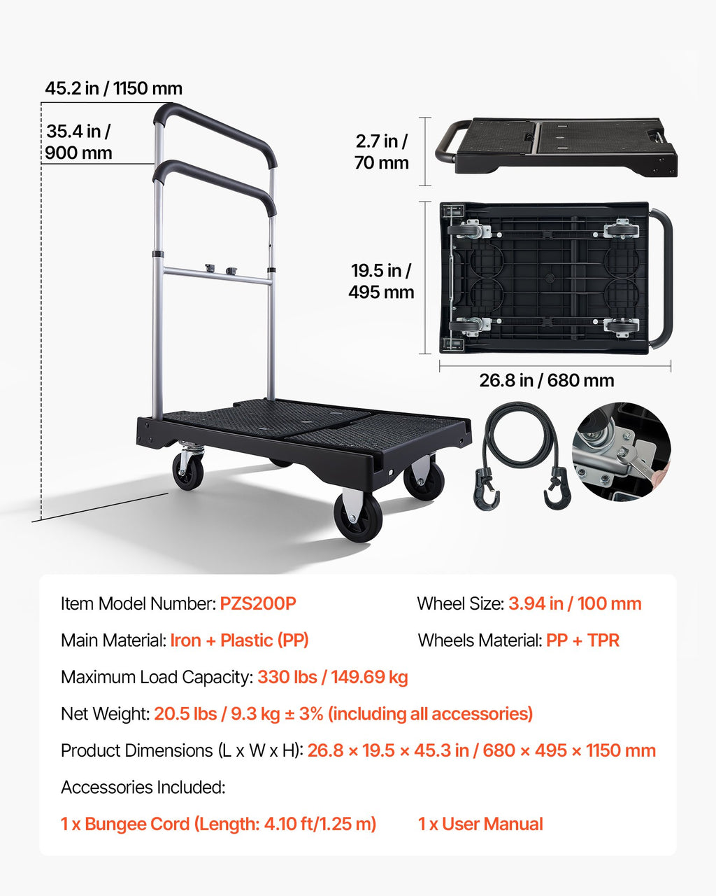 Sulankstomas platforminis vežimėlis VEVOR PZS200P, 150 kg keliamoji galia