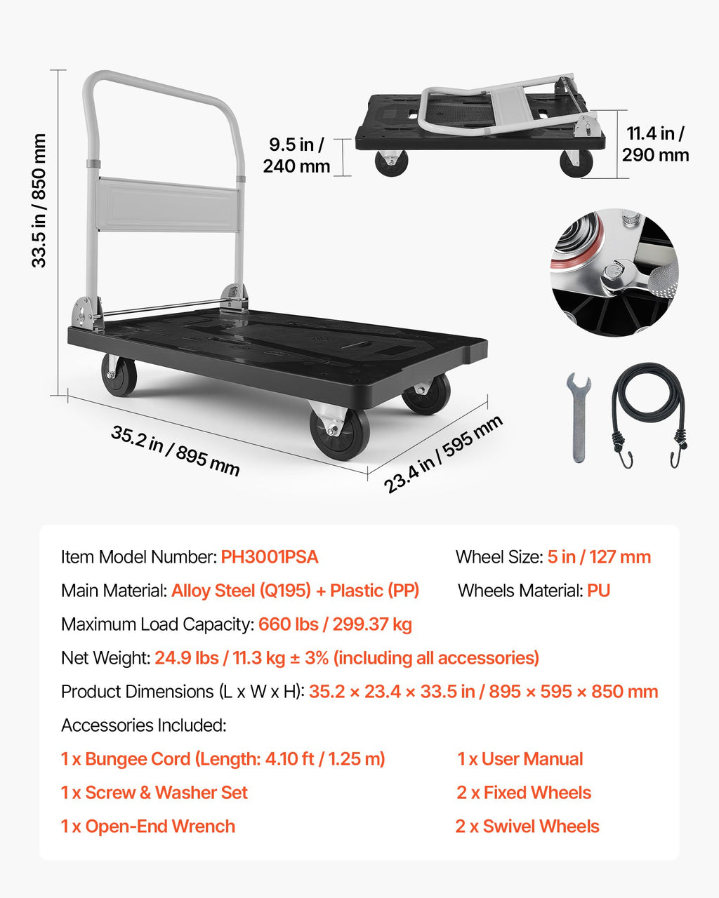 Sulankstomas platforminis vežimėlis VEVOR PH3001PSA, 300 kg