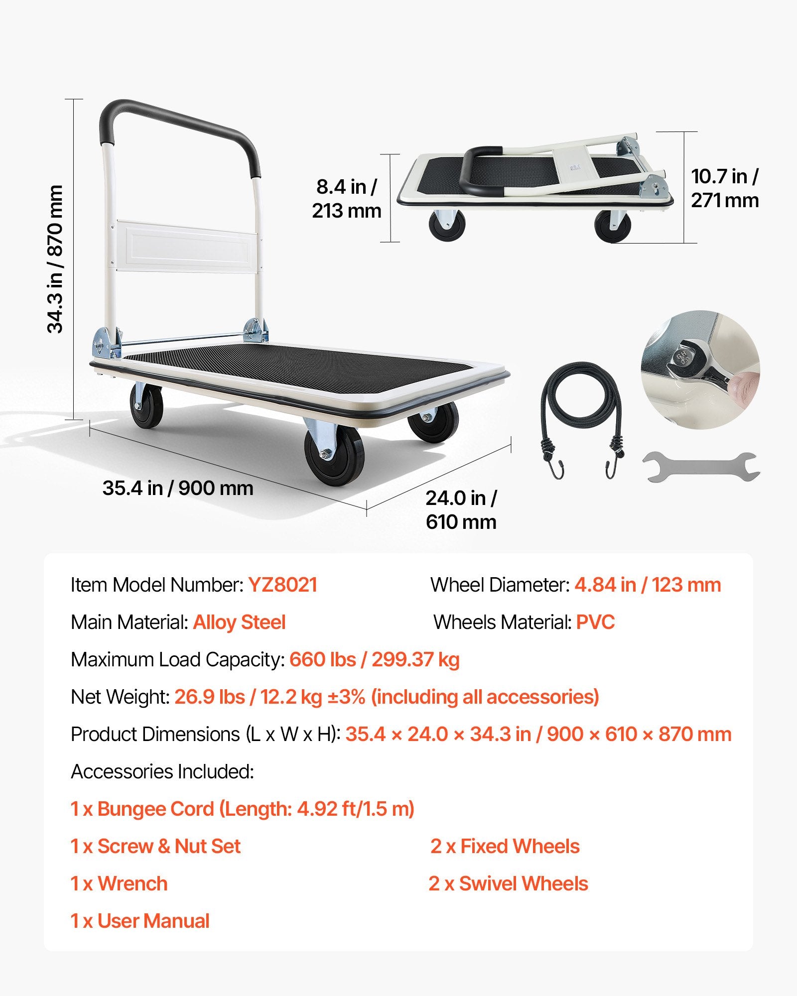Sulankstomas platforminis vežimėlis VEVOR YZ8021, 300 kg keliamoji galia