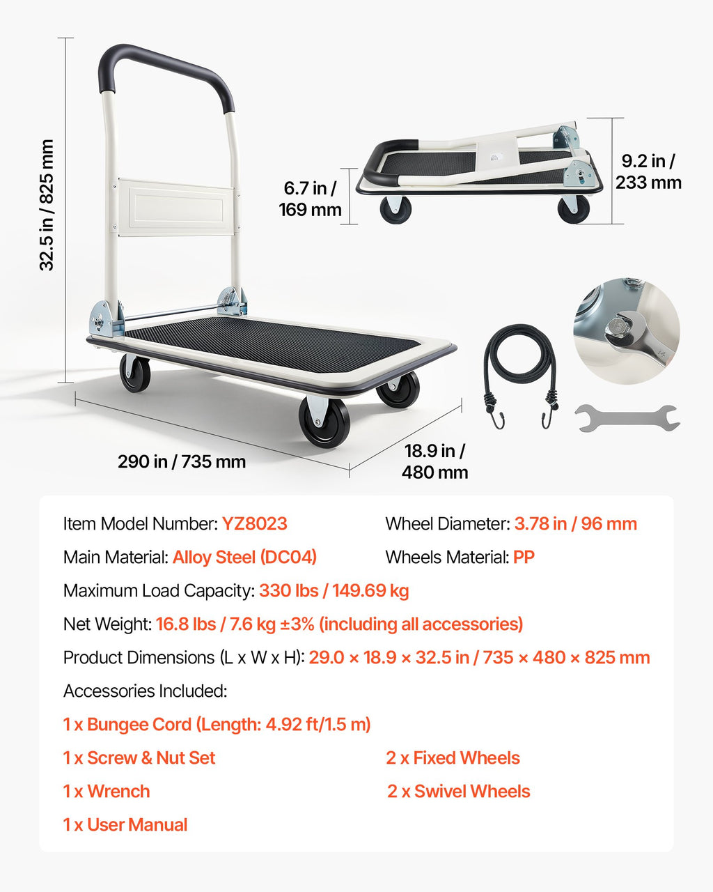 Sulankstomas platforminis vežimėlis VEVOR YZ8023, 150 kg keliamoji galia