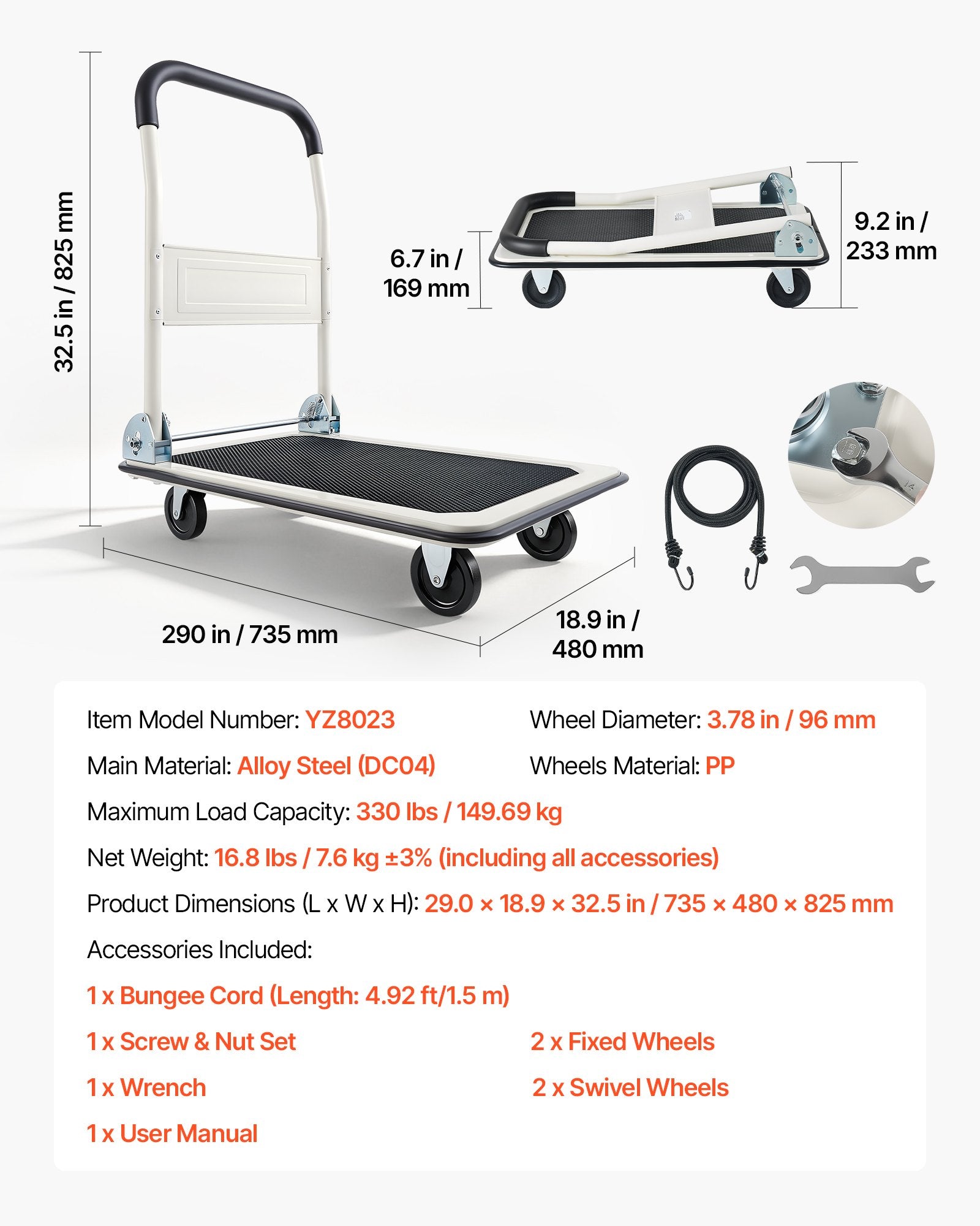 Sulankstomas platforminis vežimėlis VEVOR YZ8023, 150 kg keliamoji galia