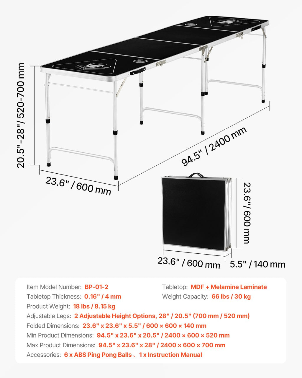 Alaus pingo stalas VEVOR BP-01-2, 240 cm ilgio