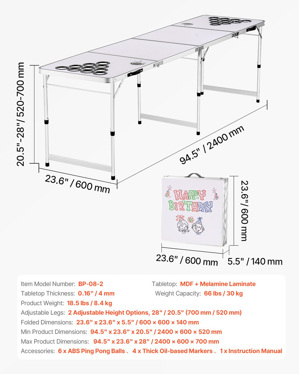 Alaus pingo stalas VEVOR BP-08-2, 240 cm