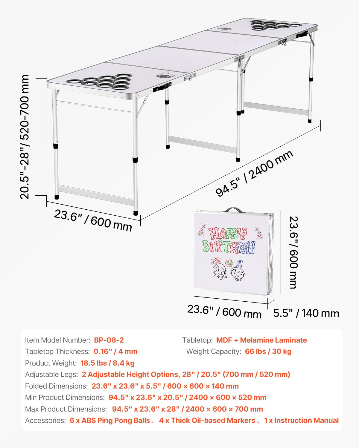 Alaus pingo stalas VEVOR BP-08-2, 240 cm