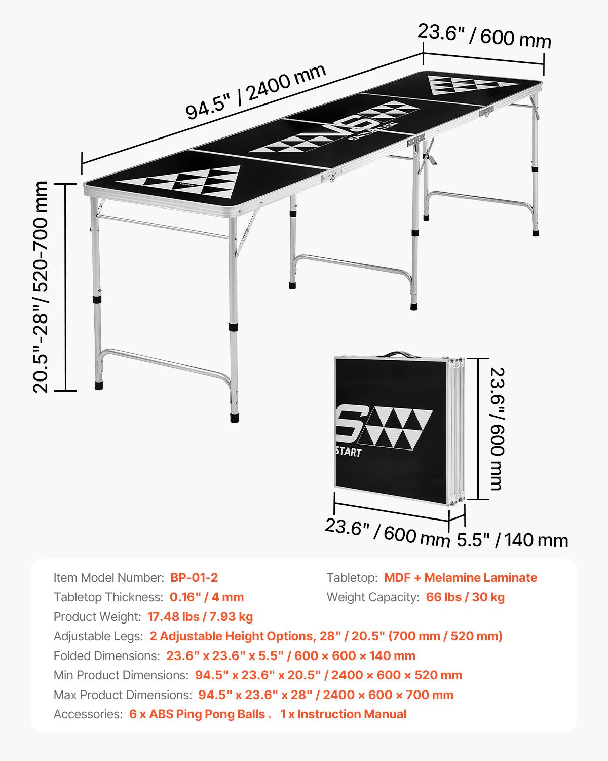 Alaus pingo stalas VEVOR BP-01-2, 2,4 m ilgio