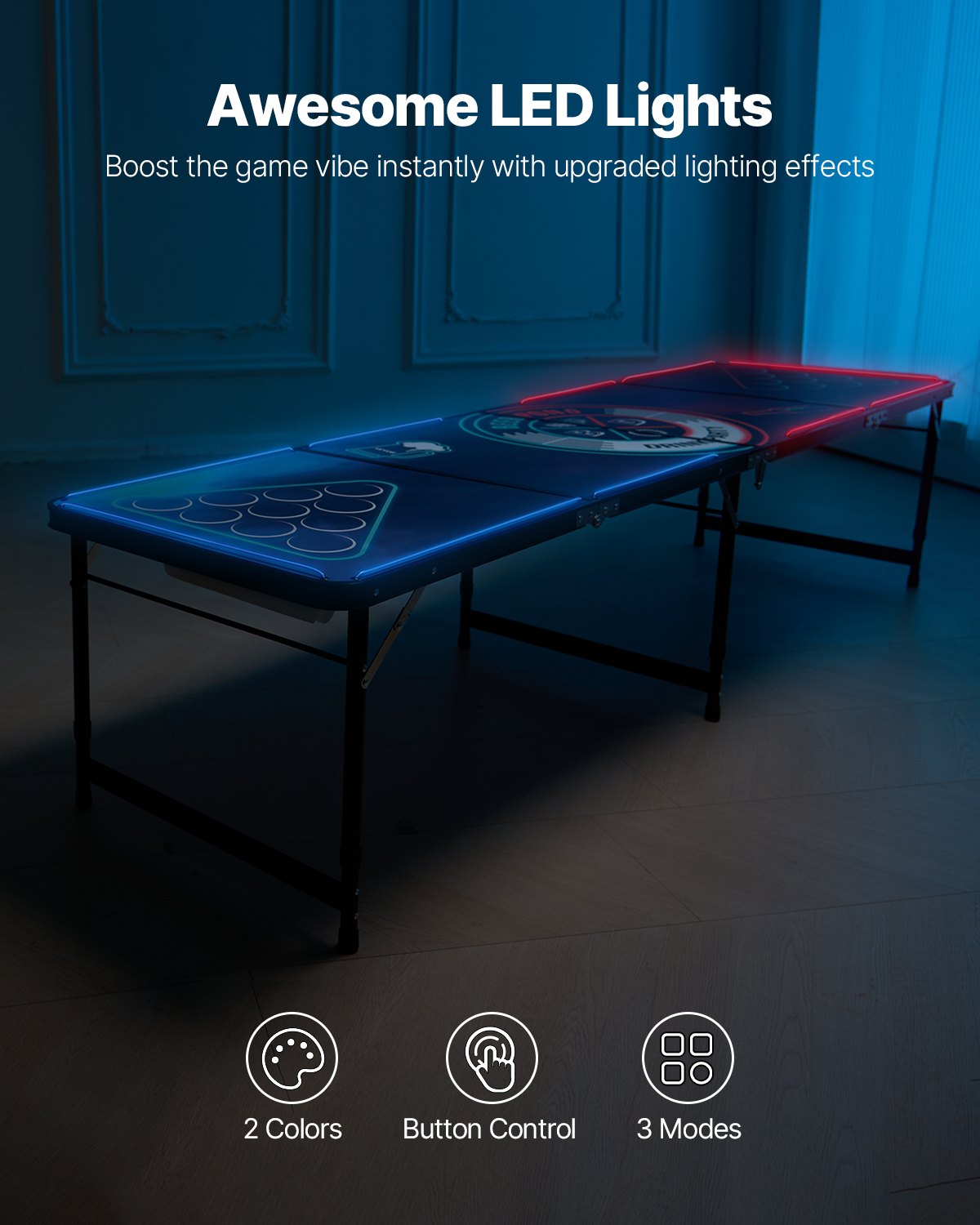 Alaus pingo stalas VEVOR BP-01-LED, 2,4 m ilgio su LED apšvietimu