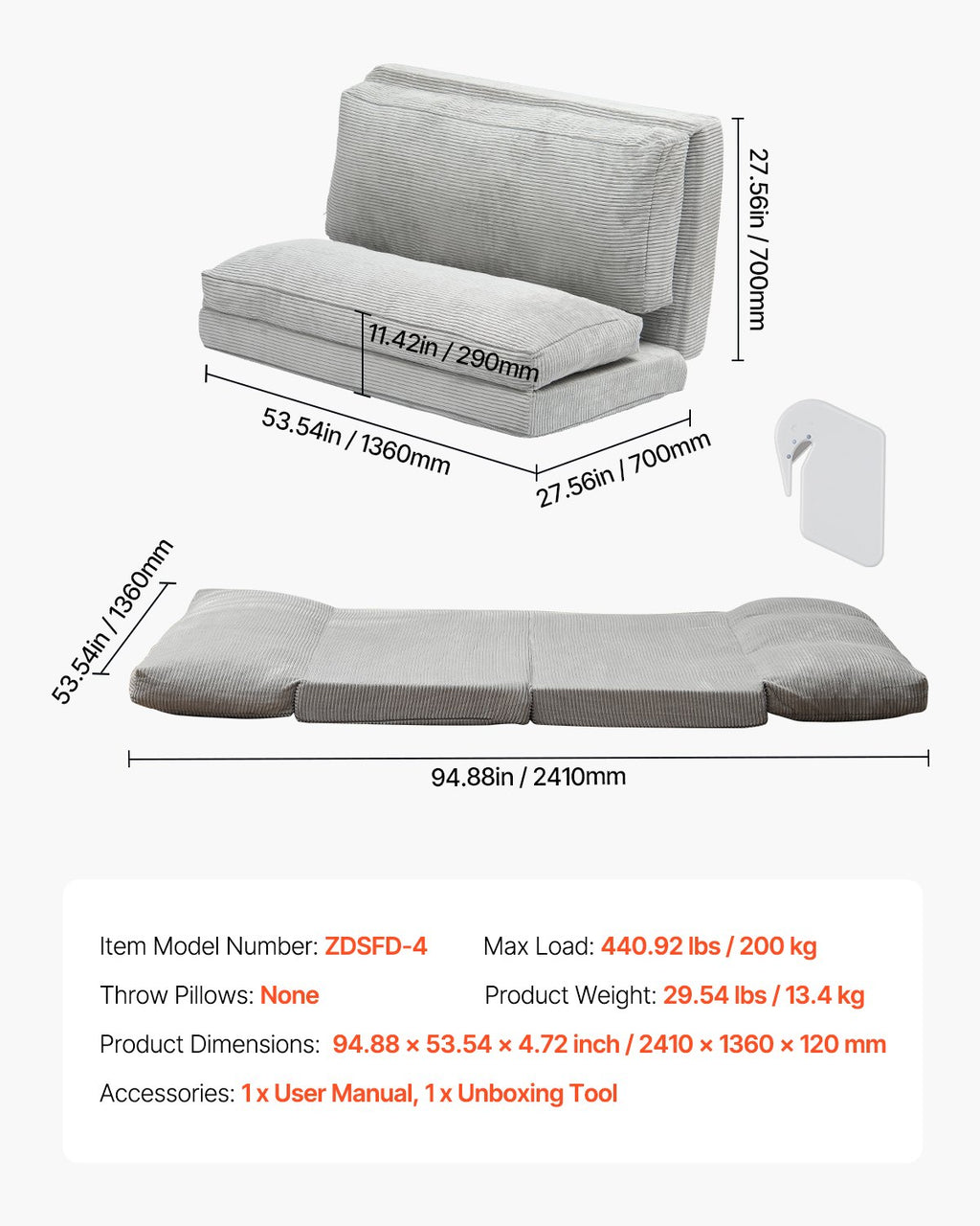 Sulankstoma sofa-lova VEVOR ZDSFD-4, 25D didelio tankio putų poliuretanas
